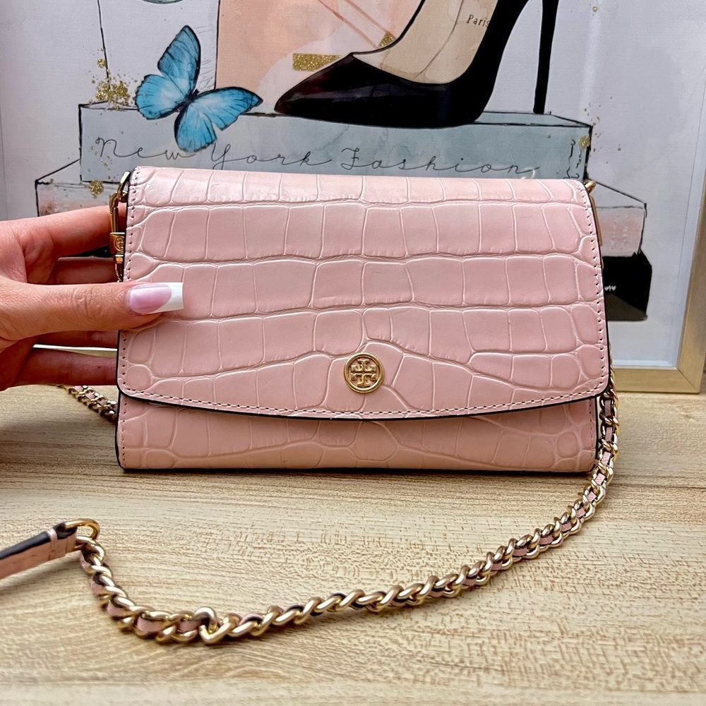 TORY BURCH ROBINSON PINK CROC EMBOSSED LEATHER LOGO FLAP CROSSBODY CHAIN BAG